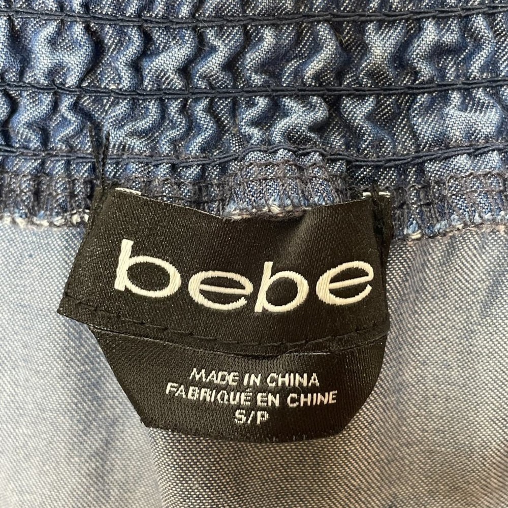 Bebe On Off Shoulder Dress Womens Small Blue Chambray ¾ Sleeve - Picture 8 of 11